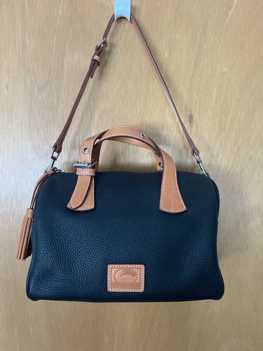 Dooney & Bourke Black Pebbled Leather Satchel with Tan Trim and Tassels - Picture 3 of 3